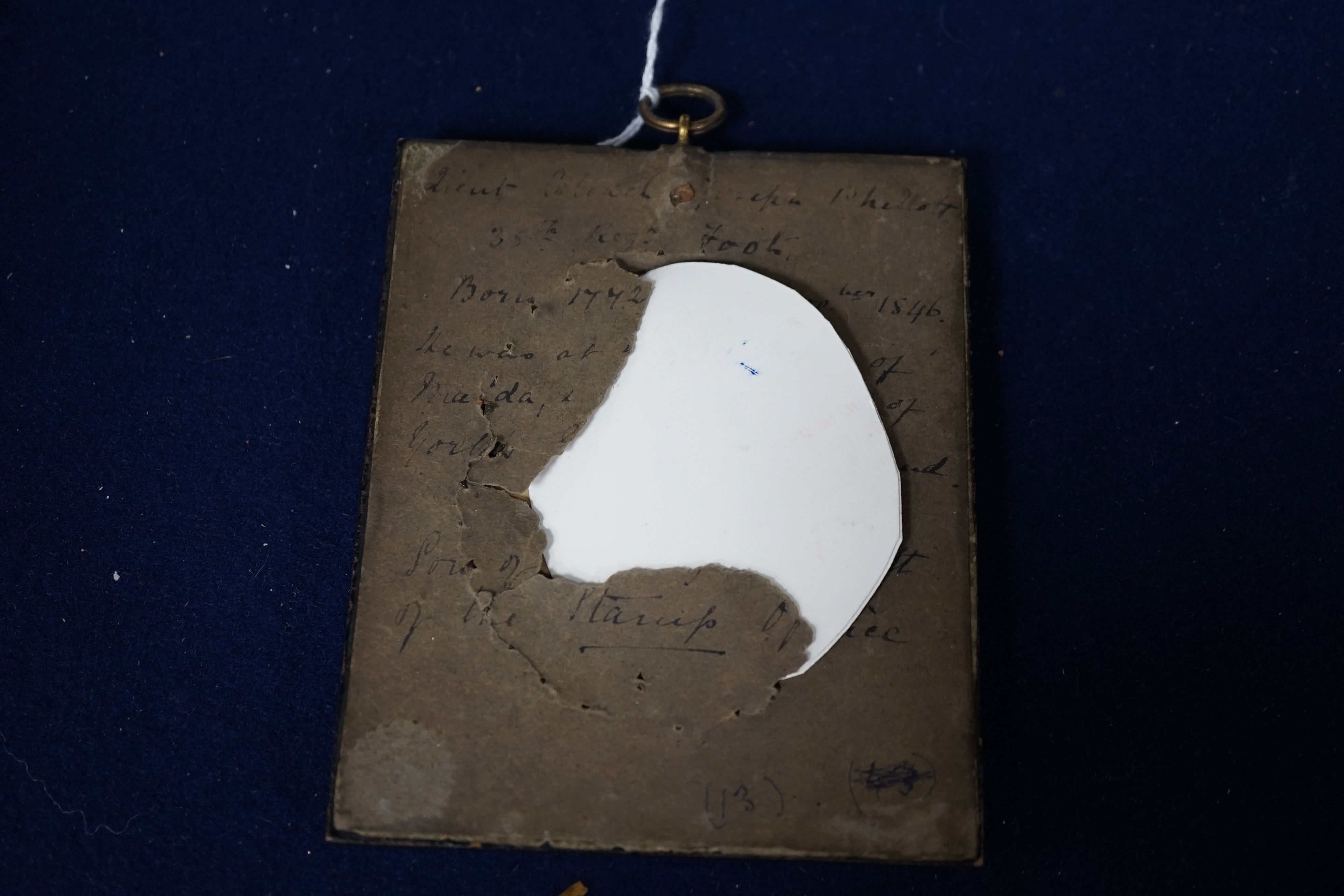 Regency School, watercolour on ivory, Portrait miniature of Lieutenant Colonel Joseph Phillpots, 35th Regiment Foot, inscribed in ink verso, 7.5 x 5.5cm, housed in ebonised frame CITES Submission reference N4DDKSBR